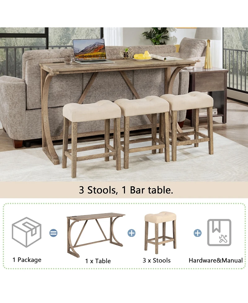 Rainsken Bar Table Set for 3 - Industrial Counter Height with Power Outlet and Padded Stools Living Room, Dining Room