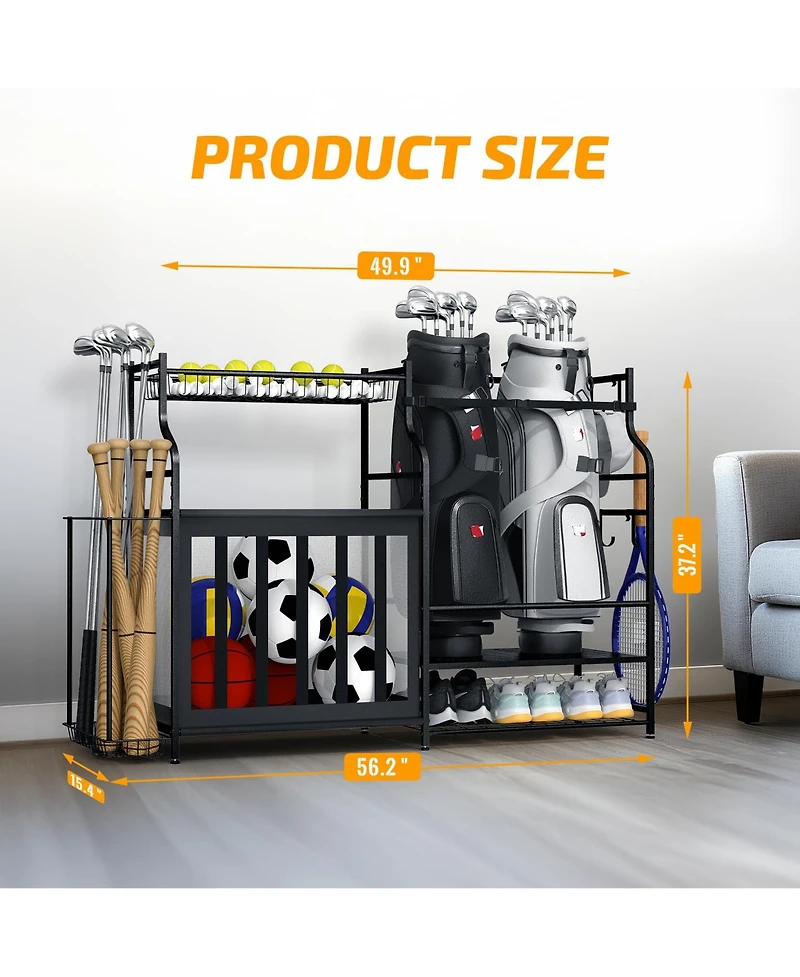 Mythinglogic Golf Bag Organizer Rack with Ball Storage, Shelf and Hooks for Garage Sports Gear