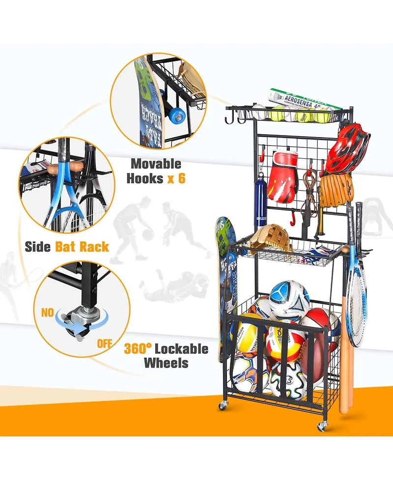 Mythinglogic Rolling Sports Equipment Organizer with Ball Bin, Hooks and Shelves