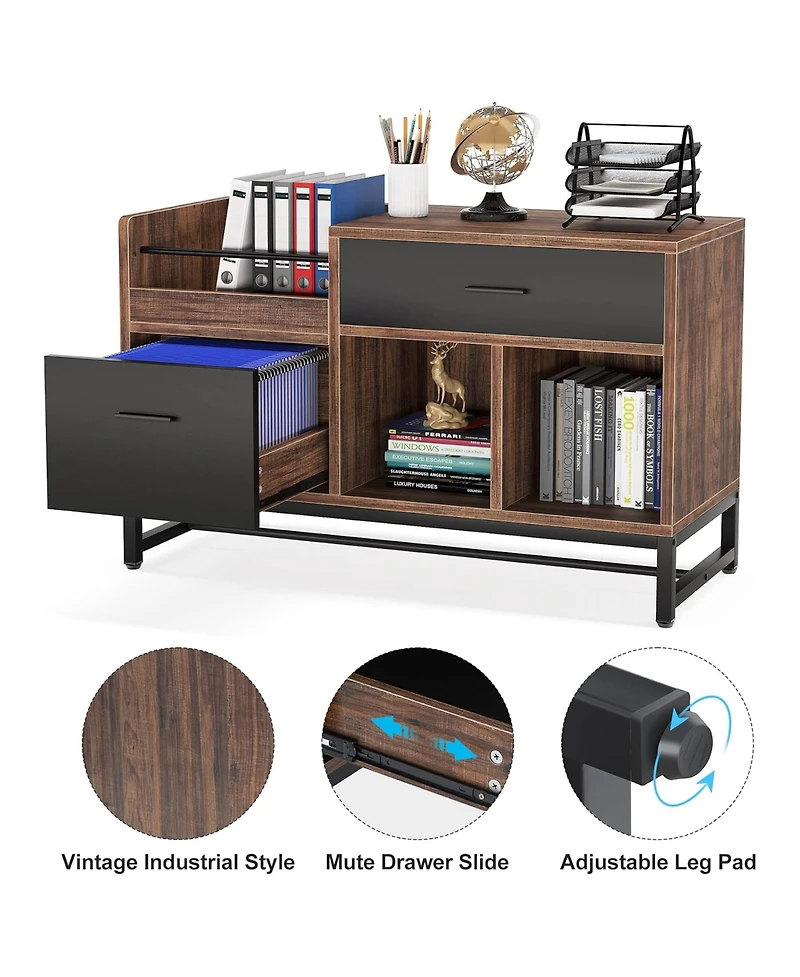Rainsken Lateral Filing Cabinet, Wood Printer Stand with 2 Drawers and Open Storage Shelves for Home Office Organization