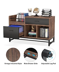 Rainsken Lateral Filing Cabinet, Wood Printer Stand with 2 Drawers and Open Storage Shelves for Home Office Organization