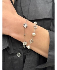 Suzy Levian New York Suzy Levian Sterling Silver Clover White Sapphire and Cultured Pearl Bracelet