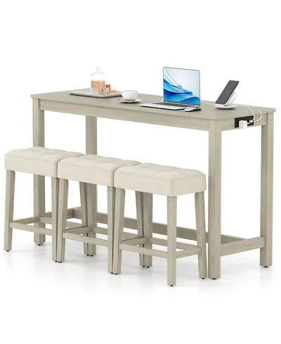 Gouun 4-Piece Counter Height Bar Table Set with 3 Upholstered Stools and Charging Station