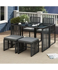 Gouun 5-Piece Outdoor Pe Rattan Patio Dining Set with Removable Cushioned Chairs and Ottomans