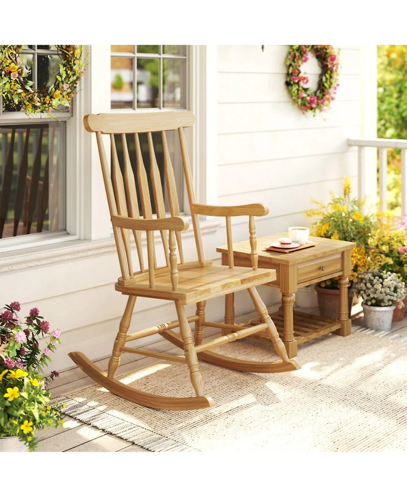 Gouun Solid Wood Outdoor Rocking Chair with Glossy Finish for Porch and Garden, 300 lb Capacity