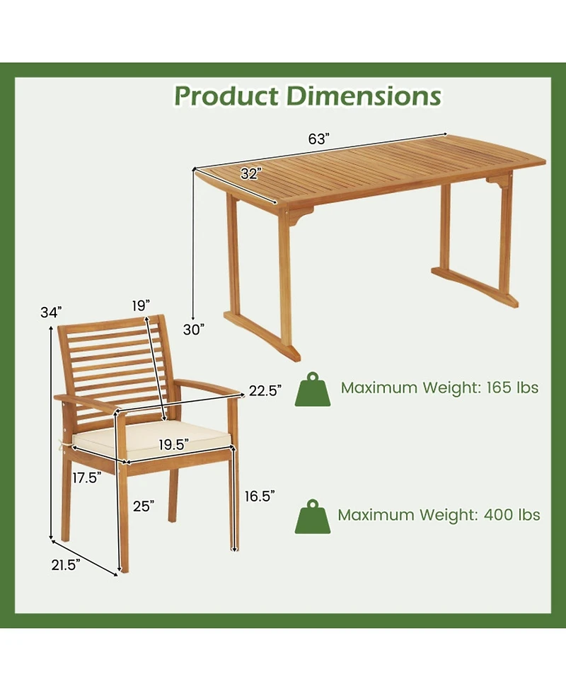 Gouun 7 Piece Acacia Wood Patio Dining Set with Slatted Table and 6 Cushioned Armchairs