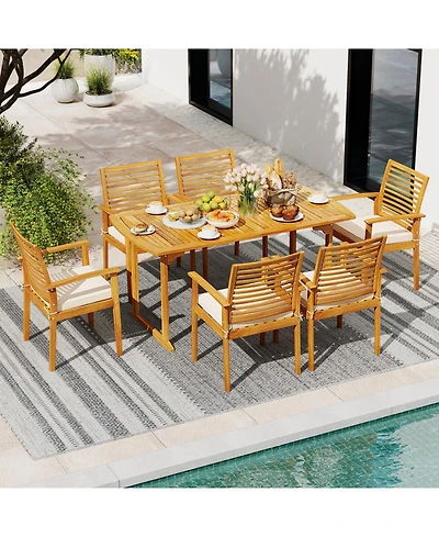 Gouun 7 Piece Acacia Wood Patio Dining Set with Slatted Table and 6 Cushioned Armchairs