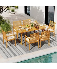 Gouun 7 Piece Acacia Wood Patio Dining Set with Slatted Table and 6 Cushioned Armchairs