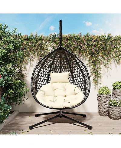 Rainsken Egg Hanging Chair, Foldable Pe Rattan Hammock Swing Chair with Soft Removable Cushion, 330 lbs Capacity for Balcony and Garden