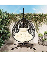 Rainsken Egg Hanging Chair, Foldable Pe Rattan Hammock Swing Chair with Soft Removable Cushion, 330 lbs Capacity for Balcony and Garden