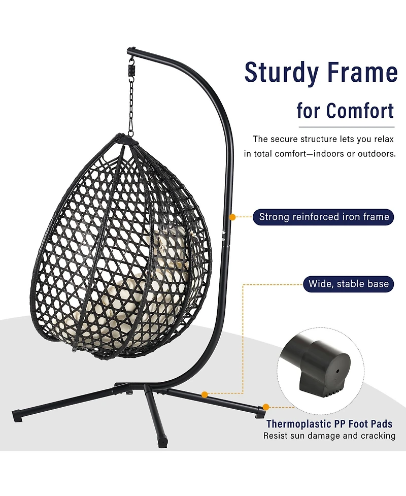 Rainsken Egg Hanging Chair, Foldable Pe Rattan Hammock Swing Chair with Soft Removable Cushion, 330 lbs Capacity for Balcony and Garden