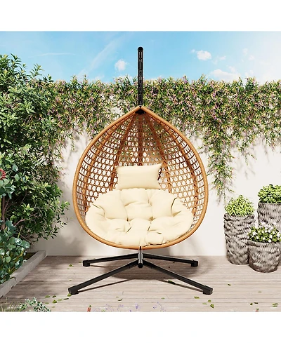 Rainsken Egg Hanging Chair, Foldable Pe Rattan Hammock Swing Chair with Soft Removable Cushion, 330 lbs Capacity for Balcony and Garden