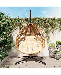 Rainsken Egg Hanging Chair, Foldable Pe Rattan Hammock Swing Chair with Soft Removable Cushion, 330 lbs Capacity for Balcony and Garden
