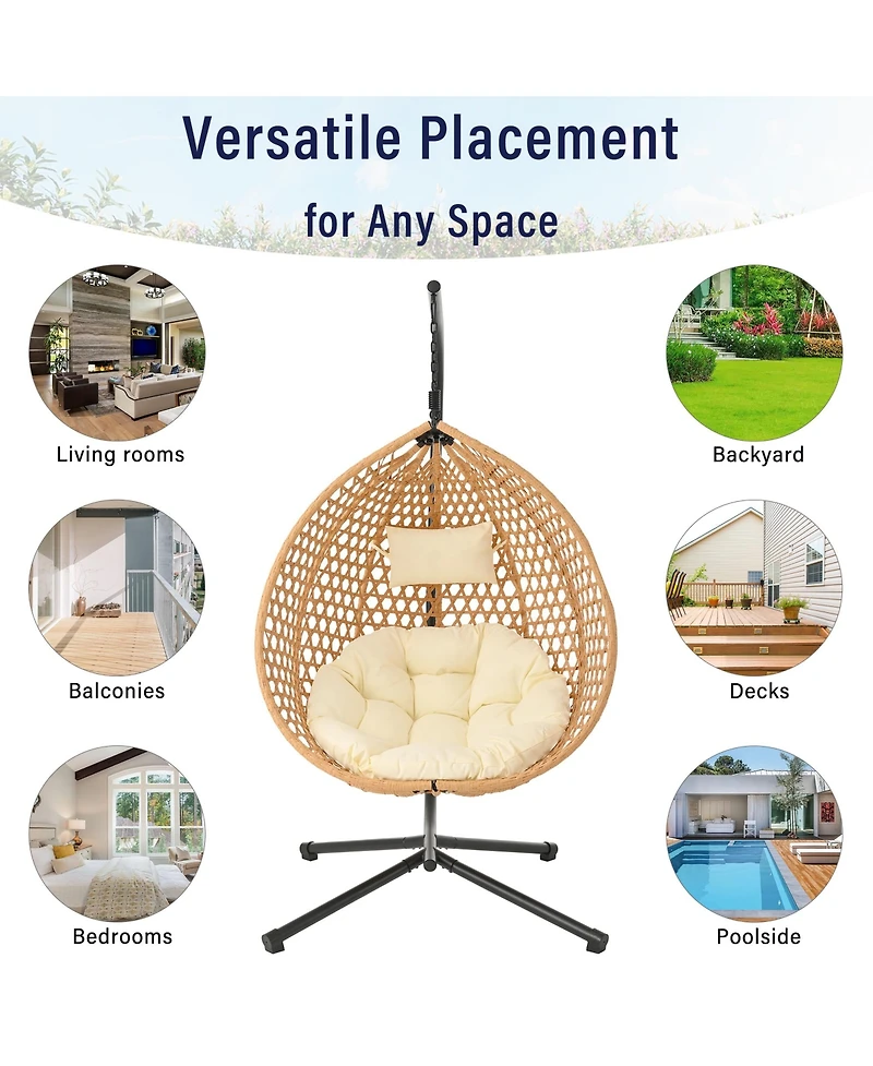 Rainsken Egg Hanging Chair, Foldable Pe Rattan Hammock Swing Chair with Soft Removable Cushion, 330 lbs Capacity for Balcony and Garden