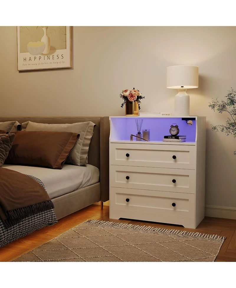gaomon 3 Drawer Tall Dresser for Bedroom with Led Lights, Wood Dresser with Charging Station for Closet, Wooden Nightstand for Bedside