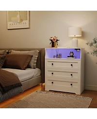 gaomon 3 Drawer Tall Dresser for Bedroom with Led Lights, Wood Dresser with Charging Station for Closet, Wooden Nightstand for Bedside