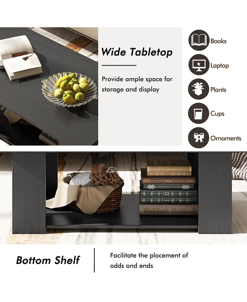 Large 2-Tier Modern Coffee Table with Storage Shelf for Living Room