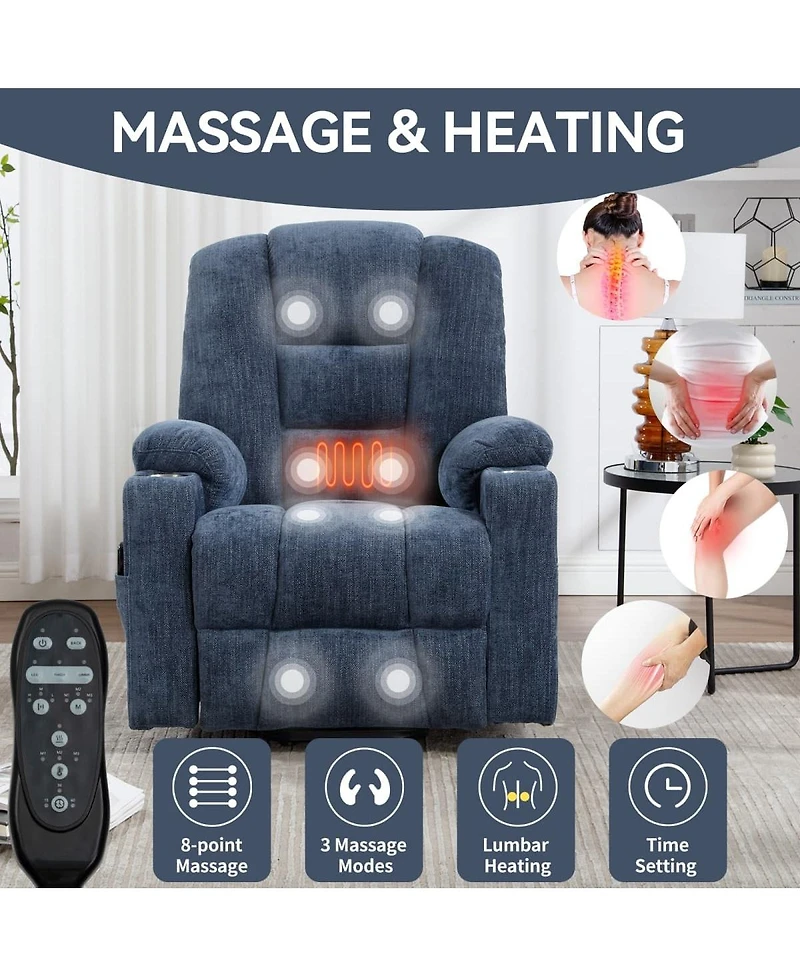 Maison Boucle Chenille Power Lift Recliner with Massage, Heat, Usb & Cup Holders, Wide Heavy-Duty Electric Chair for Seniors