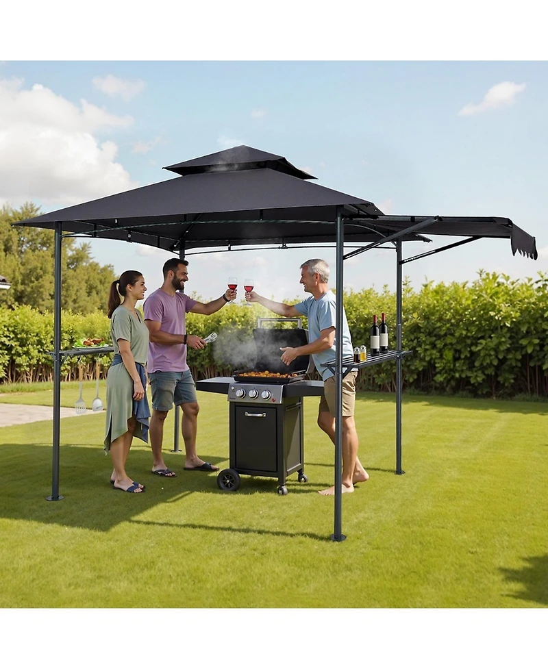 Sugift 8 x 5 ft Bbq Grill Gazebo Double Tiered Top Powder Coated Steel Shelter with Side Shelves