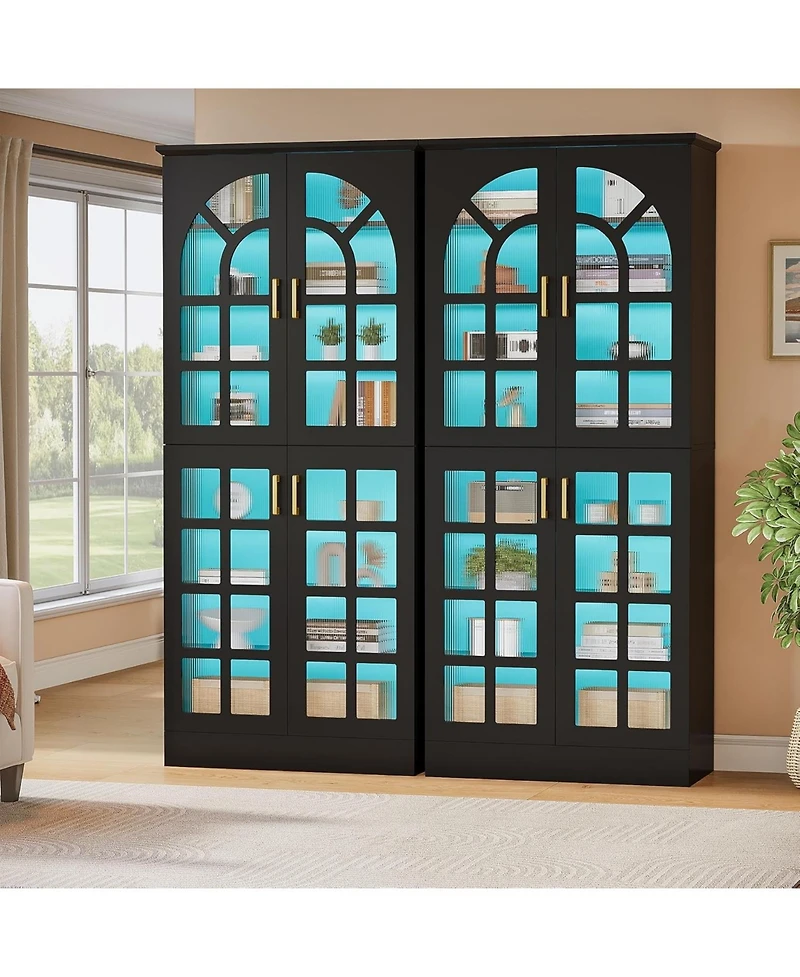 Tribesigns 8-Tier Bookshelf with Doors and Led Lights Set of 2, 68.9" Tall Bookcase with Adjustable Shelves, Modern Wooden Display Cabinet