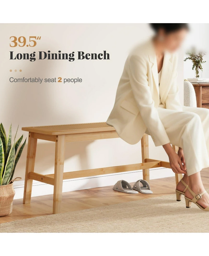 Gouun Bamboo Dining Bench with Woven Rattan Seat 660 lbs Capacity