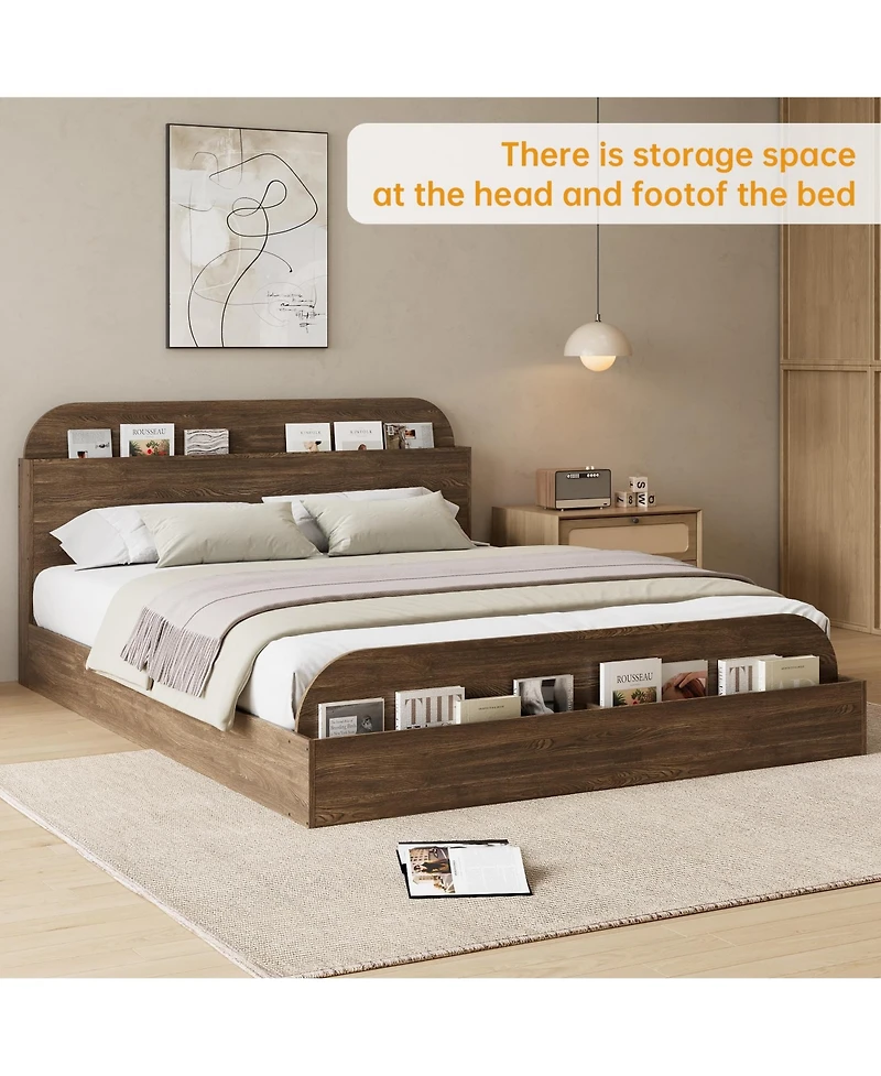 Homfan Wooden Beds with Storage Headboard and Raised-Foodboard, Twin-Floor Low Platform Bed for Bedroom