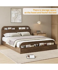 Homfan Wooden Beds with Storage Headboard and Raised-Foodboard, Twin-Floor Low Platform Bed for Bedroom
