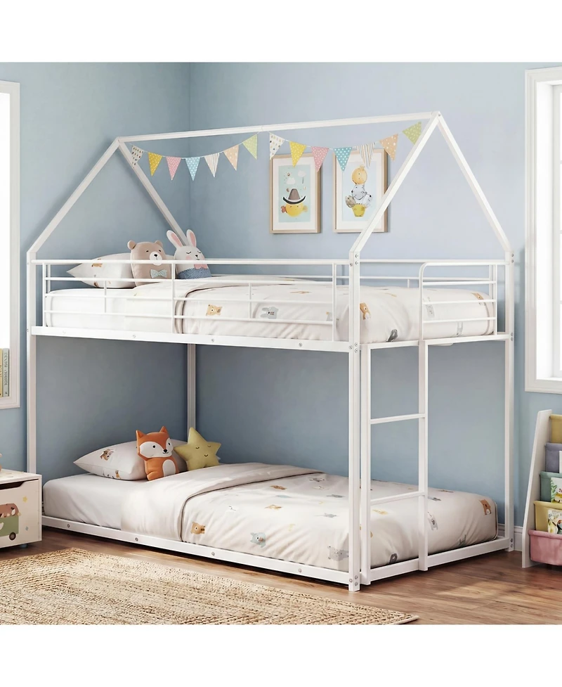 Slickblue Metal Bunk Bed with Roof Design and Ladder for Kids Small Spaces