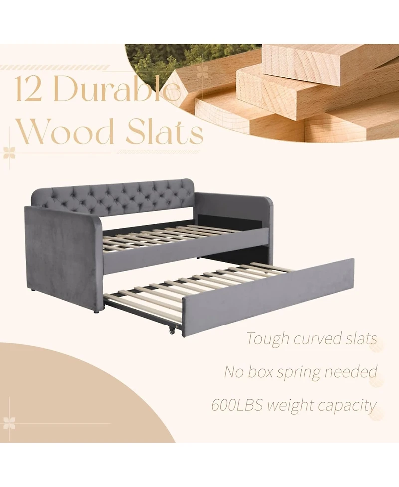 Rainsken Daybed with Trundle,Velvet Upholstered Day Bed with Usb Charging Design, No Box Spring Needed for Bedroom, Living Room