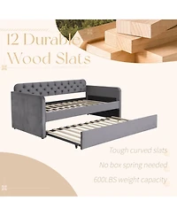 Rainsken Daybed with Trundle,Velvet Upholstered Day Bed with Usb Charging Design, No Box Spring Needed for Bedroom, Living Room