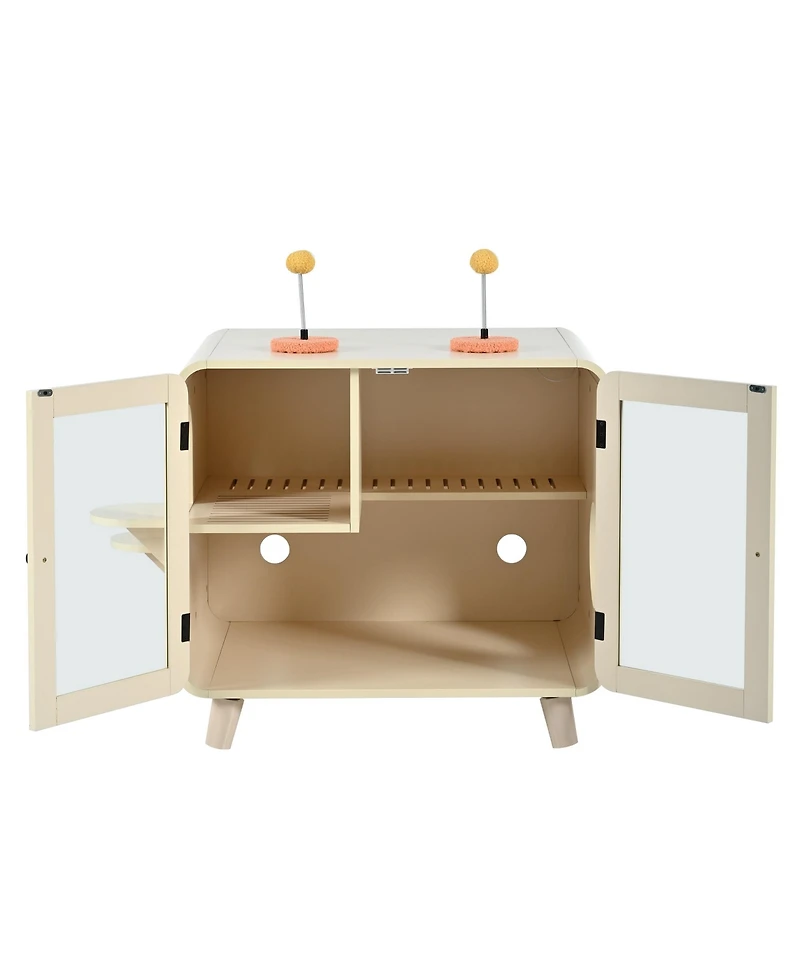Zeus & Ruta Cat Hidden Litter Box Enclosure, Washroom Cabinet with Leak Walkway and Glass Doors for Better View