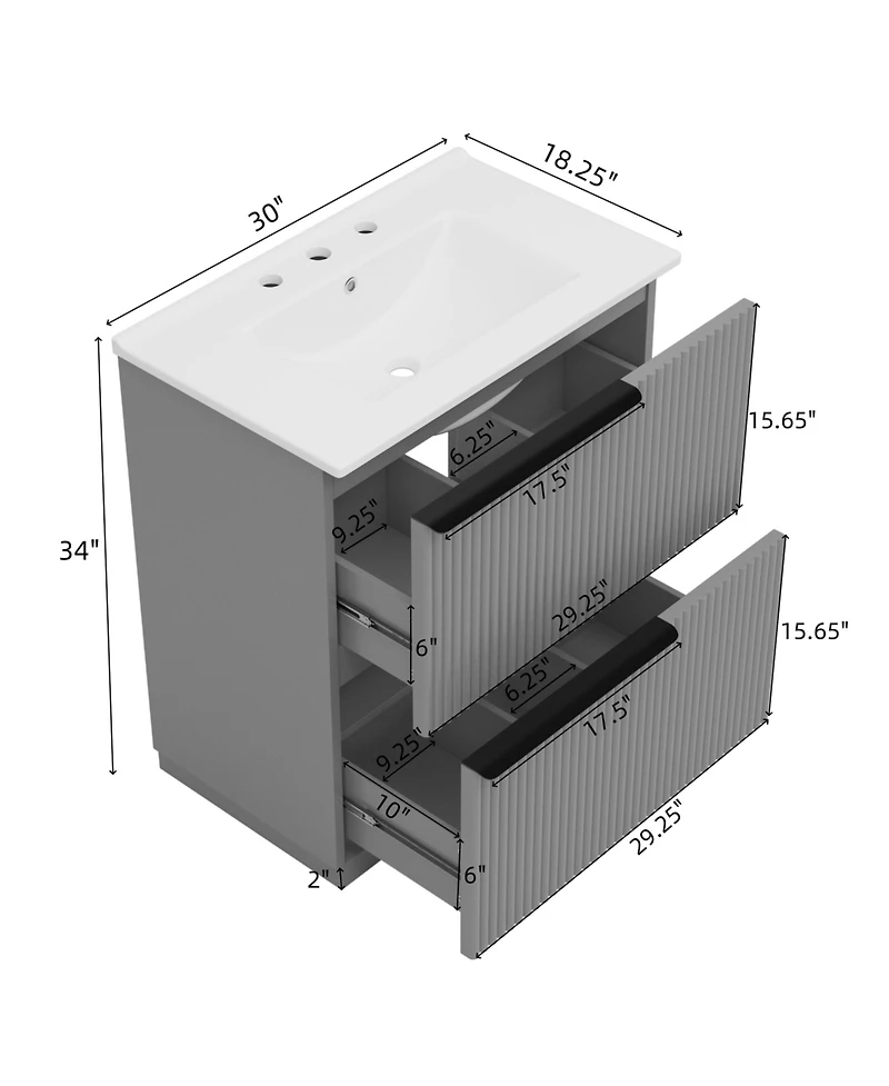 Busdays 30 Inch Bathroom Vanity with Ceramic Sink Full Extension Drawers Soft Close Slides Fluted Design Freestanding Storage Cabinet