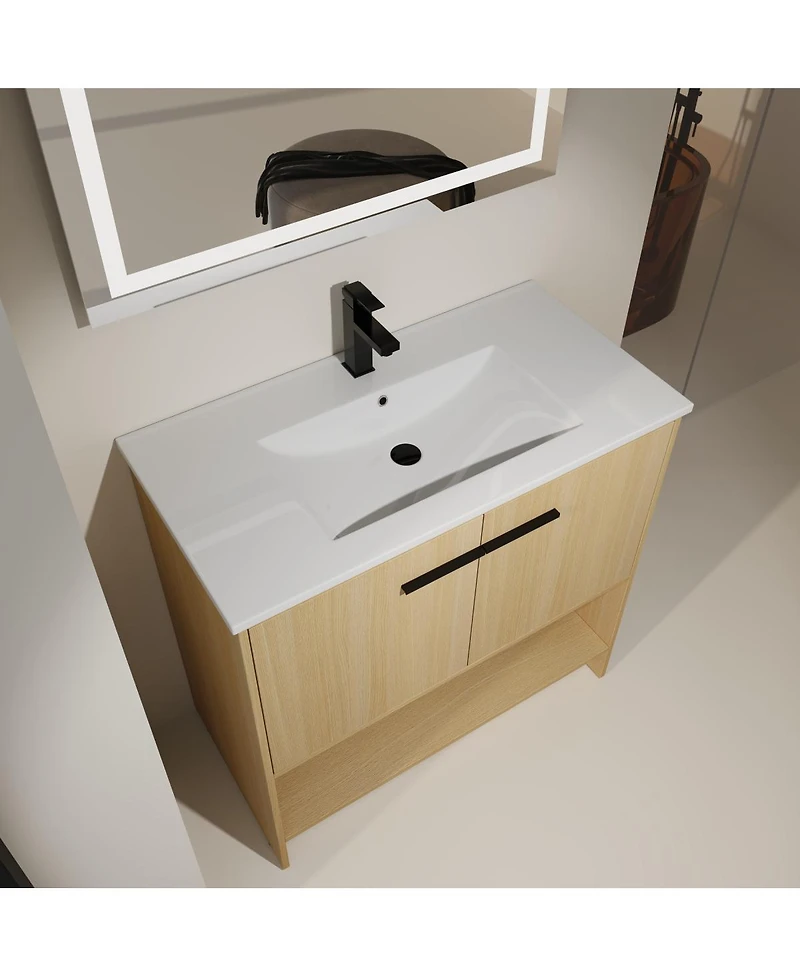 Sillysis Freestanding Bathroom Vanity with Ceramic Sink, Open Storage Shelf, 2 Soft Closing Doors