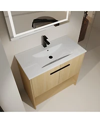 Sillysis Freestanding Bathroom Vanity with Ceramic Sink, Open Storage Shelf, 2 Soft Closing Doors