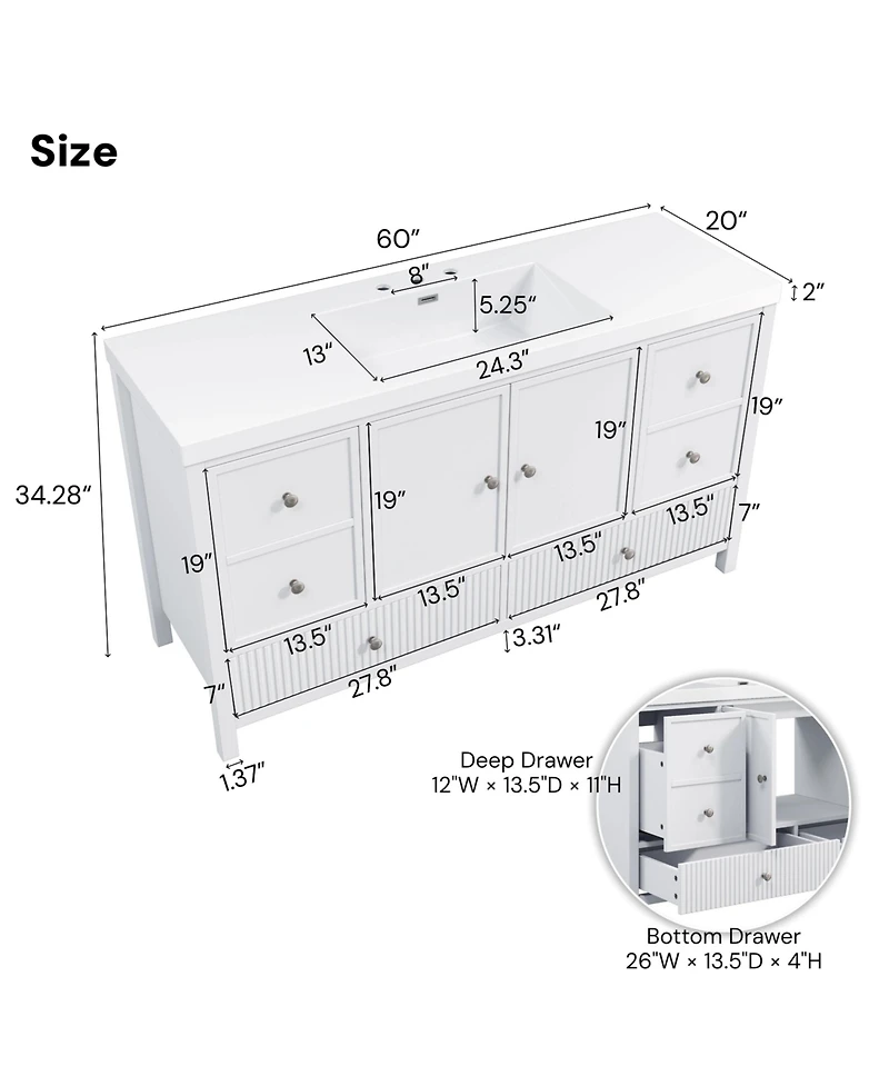 Busdays 60 Inch Bathroom Vanity with Separate Sink Modern Large Storage Cabinet Soft Close Doors 4 Drawers Freestanding Bathroom Vanity