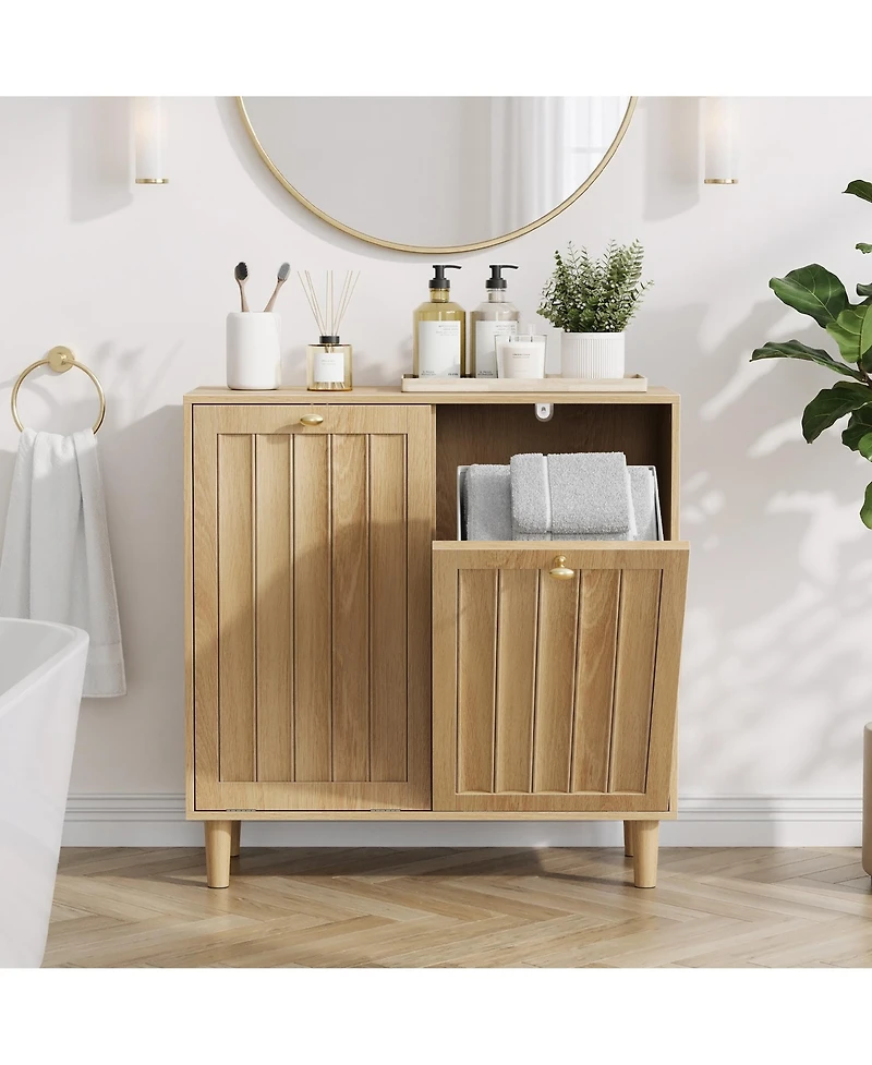 Busdays Laundry Hamper Cabinet with Removable Inner Basket Sloped Lid Concealed Laundry Storage Freestanding Bathroom Organizer