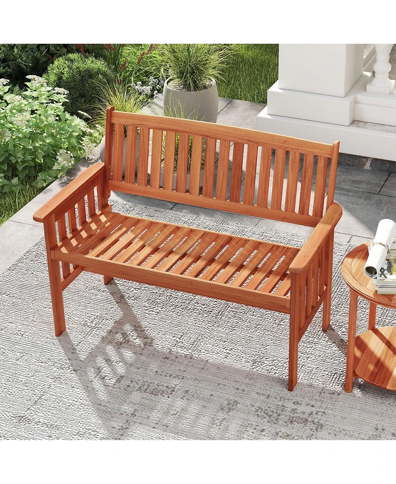 Gymax Outdoor Wood Garden Bench Backrest Armrests and Slatted Seat for Front Porch