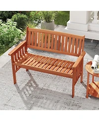 Gymax Outdoor Wood Garden Bench Backrest Armrests and Slatted Seat for Front Porch