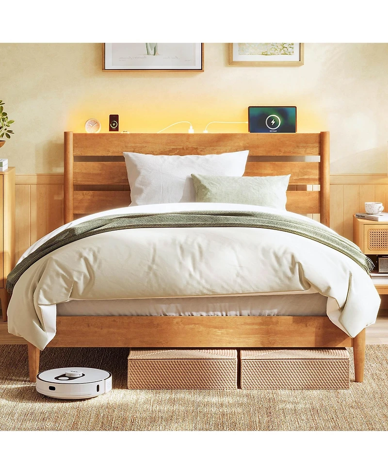 Slickblue Full Bed Frame with Led Headboard Storage Shelf Ports