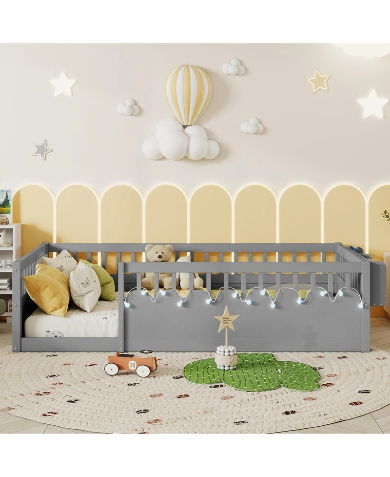 Rainsken Montessori Floor Bed with Storage Shelf and Light, No Slats Included