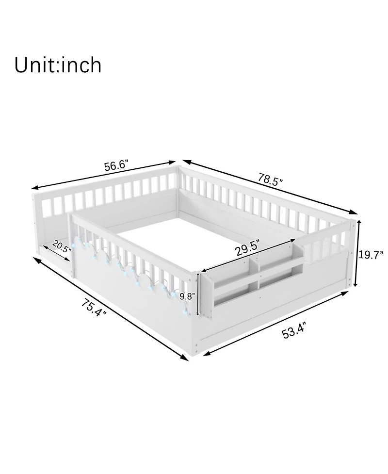 Rainsken Size Montessori Floor Bed with Storage Shelf and Light, No Slats Included