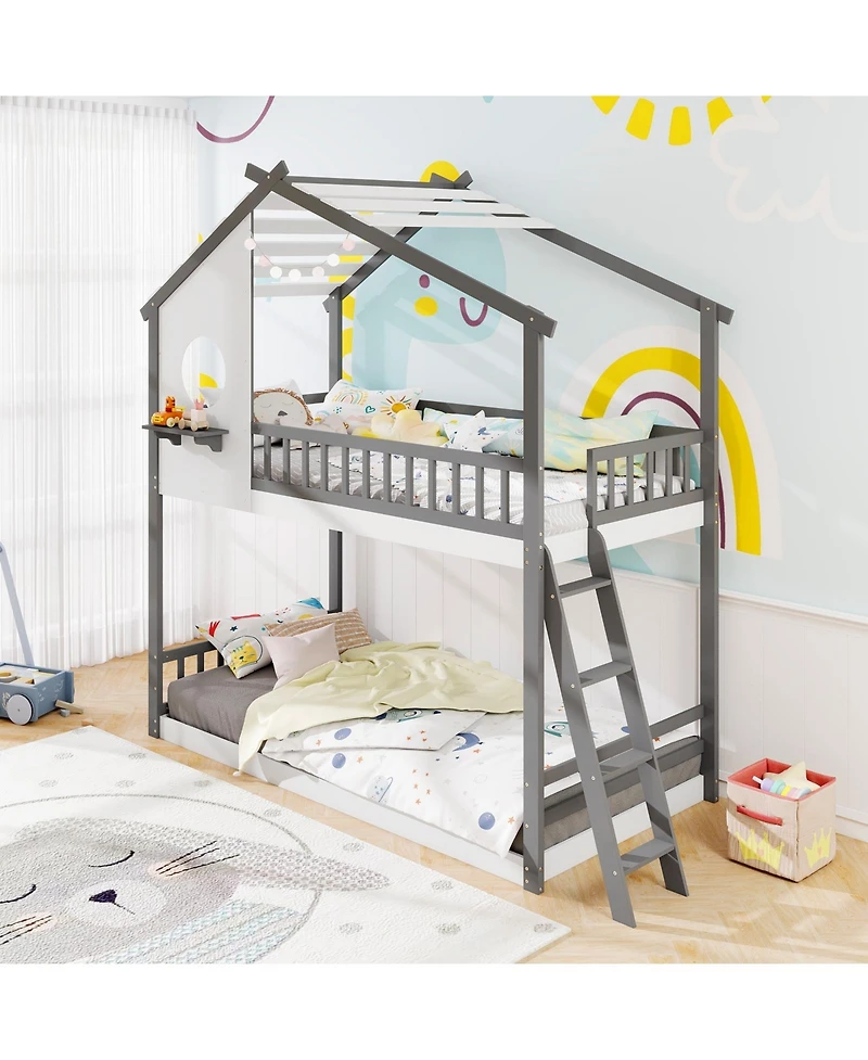 Slickblue Kids House Bunk Bed Twin Over Twin with Roof and Safety Rails