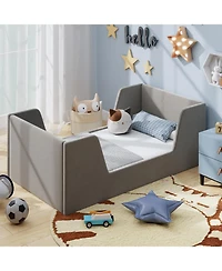 Slickblue Toddler Bed Frame Velvet Upholstered with Safety Rails
