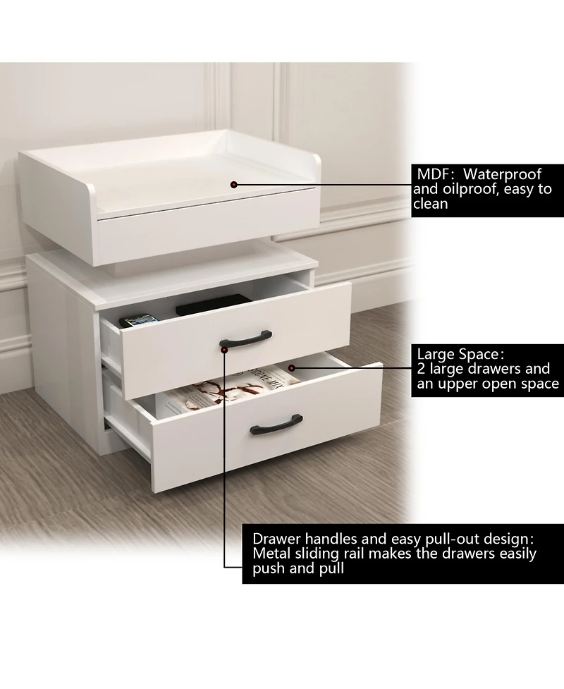 Rainsken Nightstand with Adjustable Led Strip Light, Bedside Table with 2 Drawers, Flip Top Hidden Storage, High Gloss Wood End Table for Bedroom
