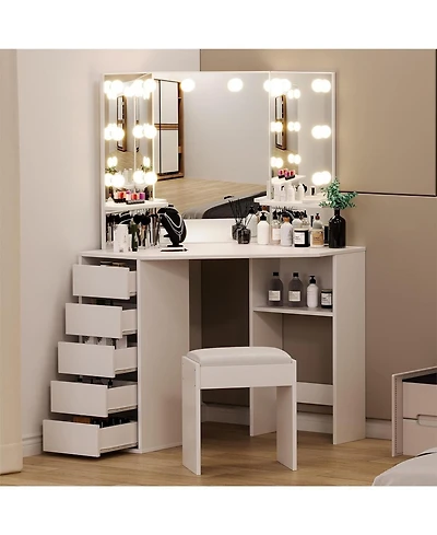 Homfan Corner Makeup Vanity Desk with Mirror and Lights, Charging Station, 5 Drawers, 2 Shelves, Adjustable Brightness, Space Saving, 3 Mirrors
