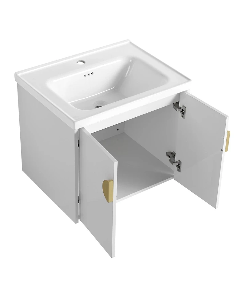 Sillysis Wall Mounted Bathroom Vanity with Ceramic Sink, Chestnut Plywood Cabinet