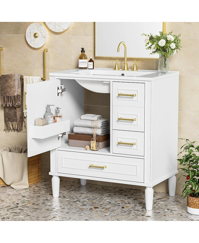 Sillysis Bathroom Vanity with Ceramic Sink, Solid Wood Frame, 3 Drawers and Soft Close Door, Modern Storage Cabinet