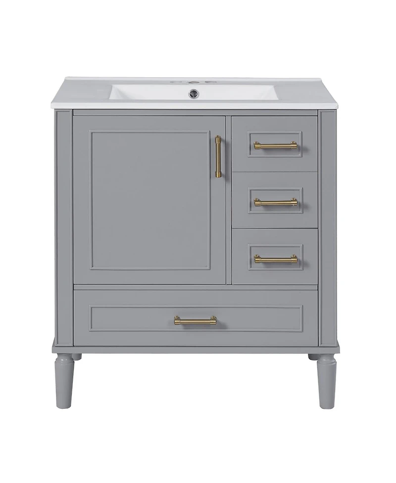 Sillysis Bathroom Vanity with Ceramic Sink, Solid Wood Frame, 3 Drawers and Soft Close Door, Modern Storage Cabinet
