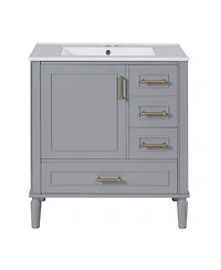 Sillysis Bathroom Vanity with Ceramic Sink, Solid Wood Frame, 3 Drawers and Soft Close Door, Modern Storage Cabinet