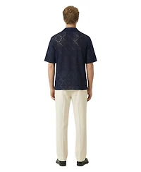 Modenaire Men's Open-Knit Short-Sleeve Embroidered Shirt